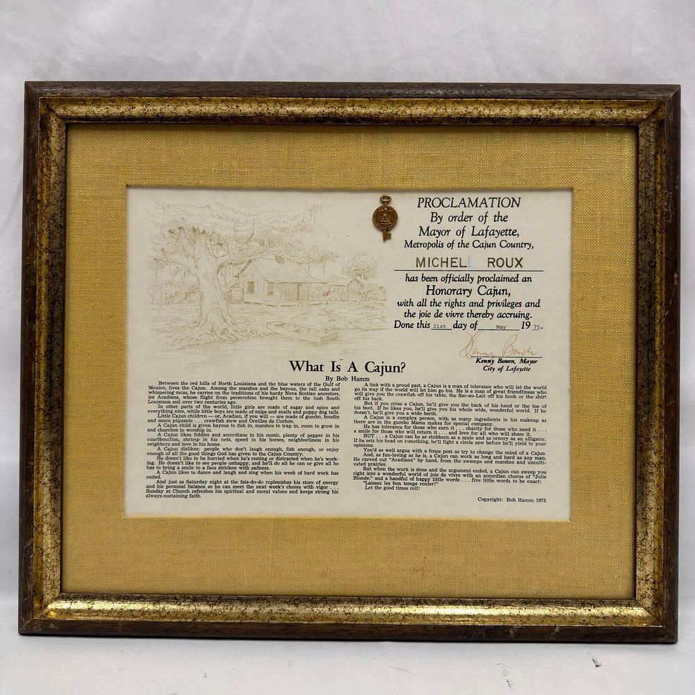 Lot 152: Michel Roux Honorary Cajun Proclamation Lafayette Louisiana Framed Award