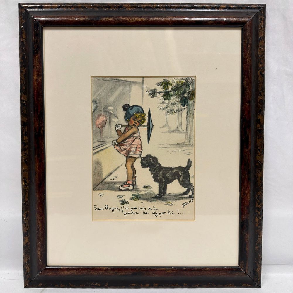 Lot 153: Germaine Bouret French Girl and Dog Illustration Framed