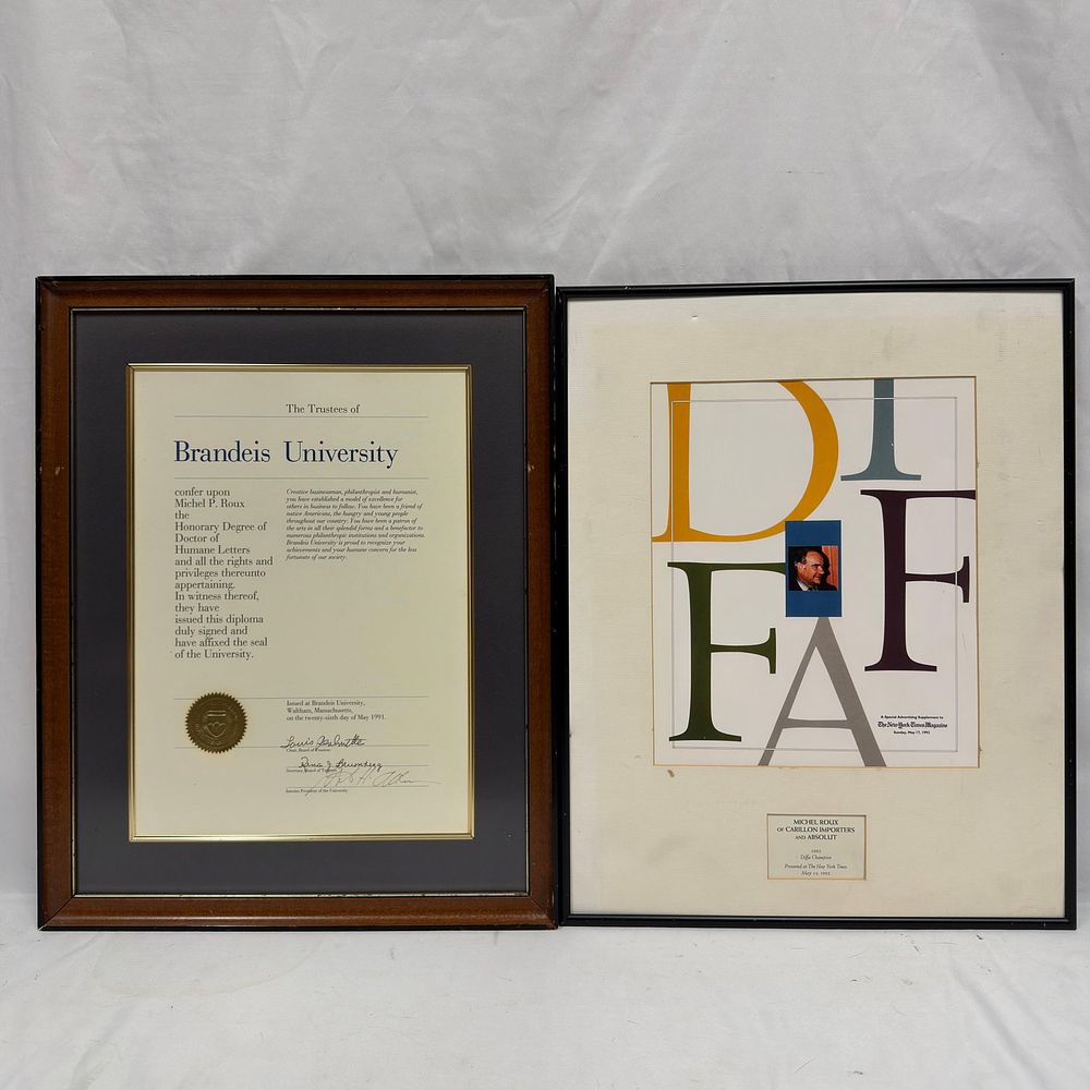 Lot 155: Michel Roux Brandeis University Honorary Doctorate and 1992 DiRoNA Award Framed Pair