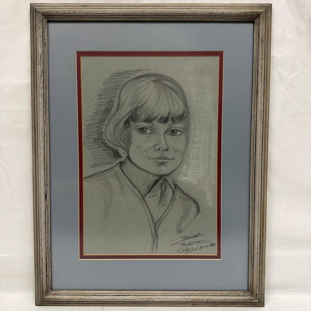 Lot 158: Signed and Dated 1970 Paris Portrait of a Young Woman Drawing Sketch