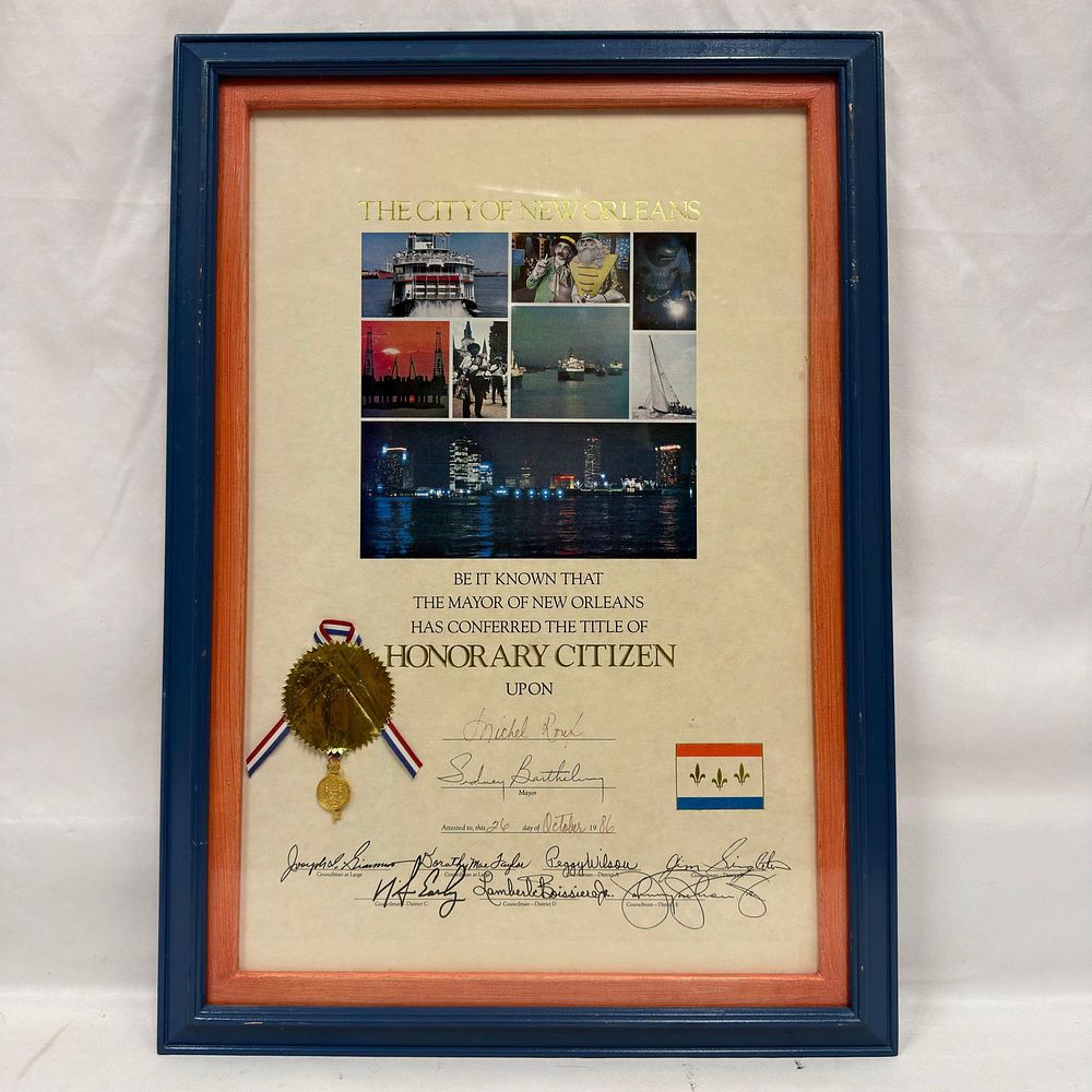 Lot 162: Michel Roux City of New Orleans Honorary Citizen Certificate