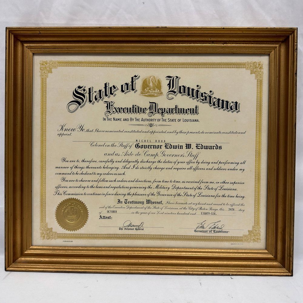Lot 163: Michel Roux Louisiana Governor Edwin Edwards Honorary Colonel Commission