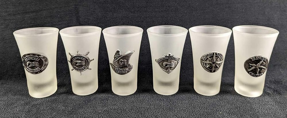 Lot 194: 6 Princess Cruise Frosted Glass Double Shot Glasses