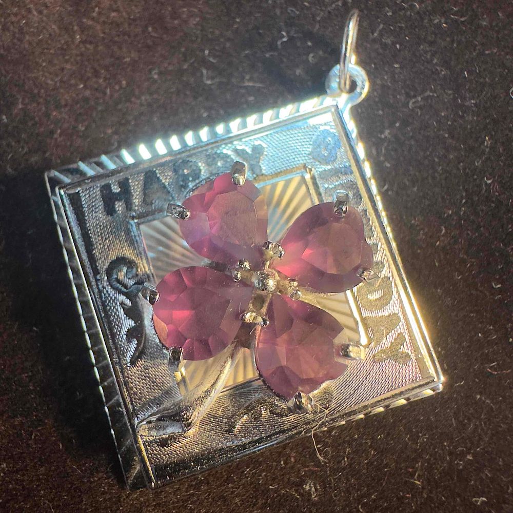 Lot 204: Amethyst Purple Stone Flower M & M Sterling Silver Happy Birthday Square Pendant Z83