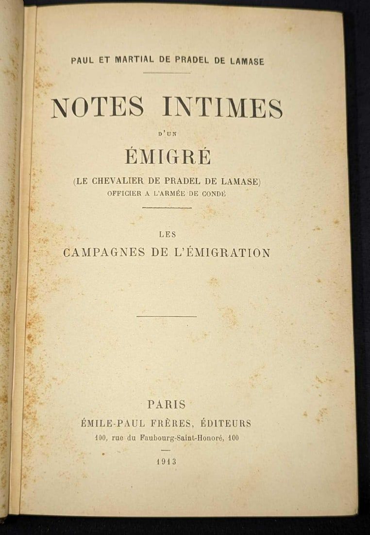 Lot 258: 1913 Notes Intimes D'un Emigre Hardcover Book