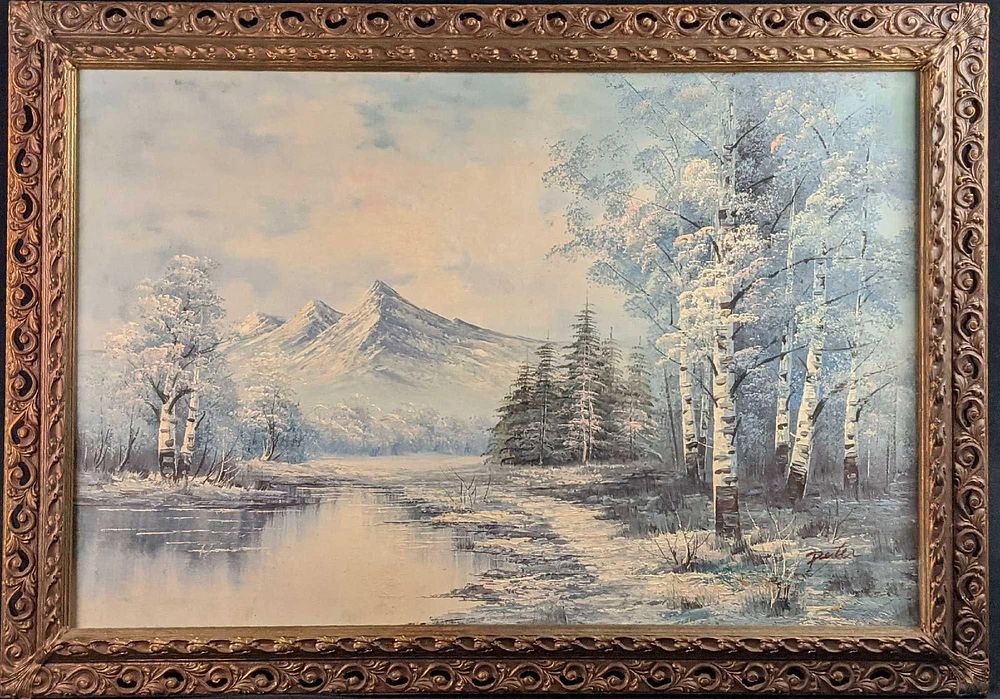 Lot 317: Vintage Winter Mountains Scene Original Oil On Canvas