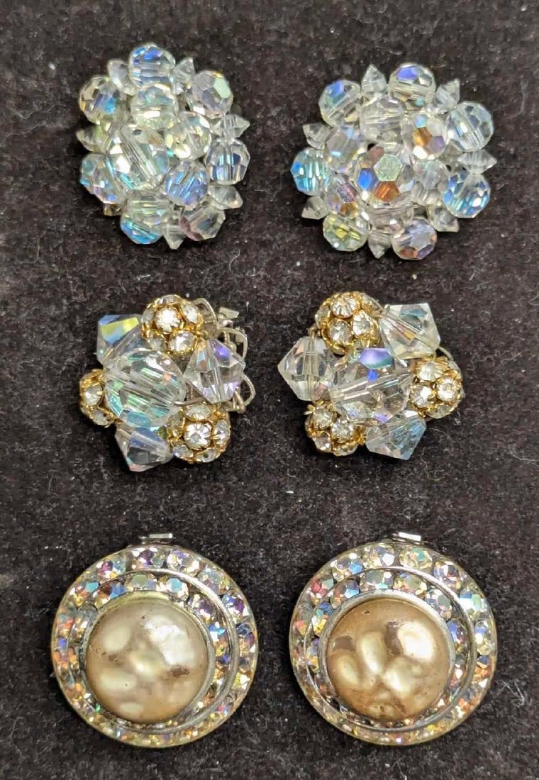 Lot 321: Silver Tone Clear Bead Rhinestone Set Of 3 Clip On Earrings