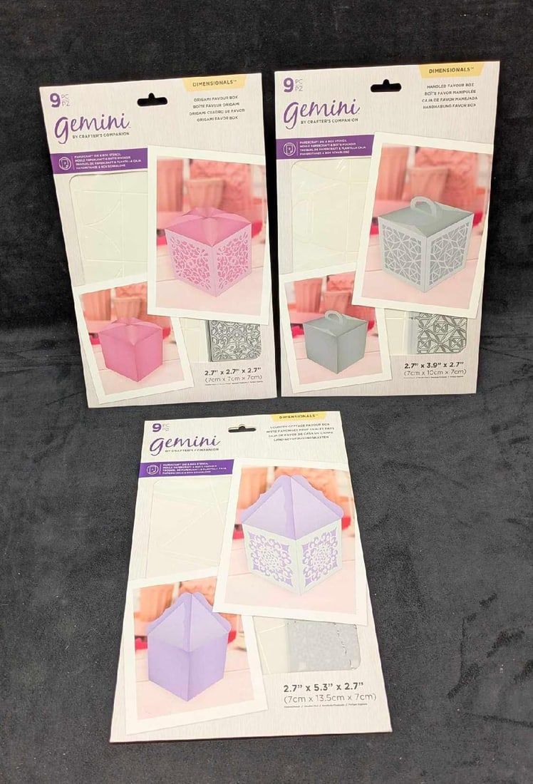 Lot 331: 3 Gemini Handled Favour Box Die & Box Stencil Dimensionals by Crafters Companion