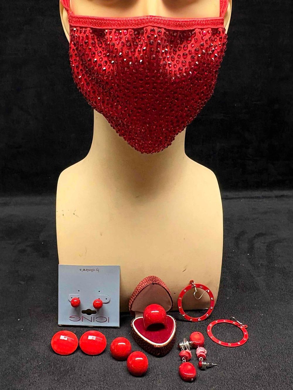 Lot 338: 8pc Red Monochromatic Lady in Red Costume Jewelry and Accessories Collection
