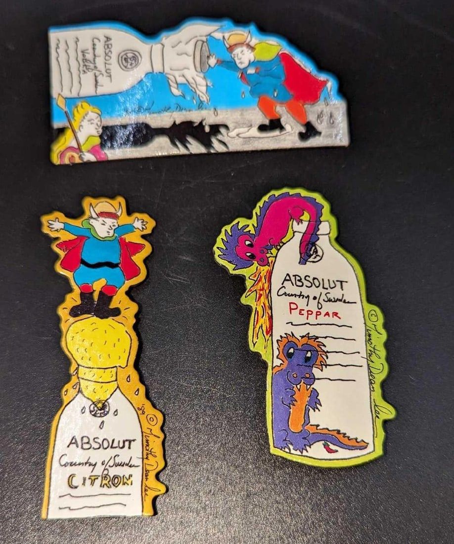 Lot 345: 3 Absolut Vodka Peppar Advertising Art Pins / Brooches E