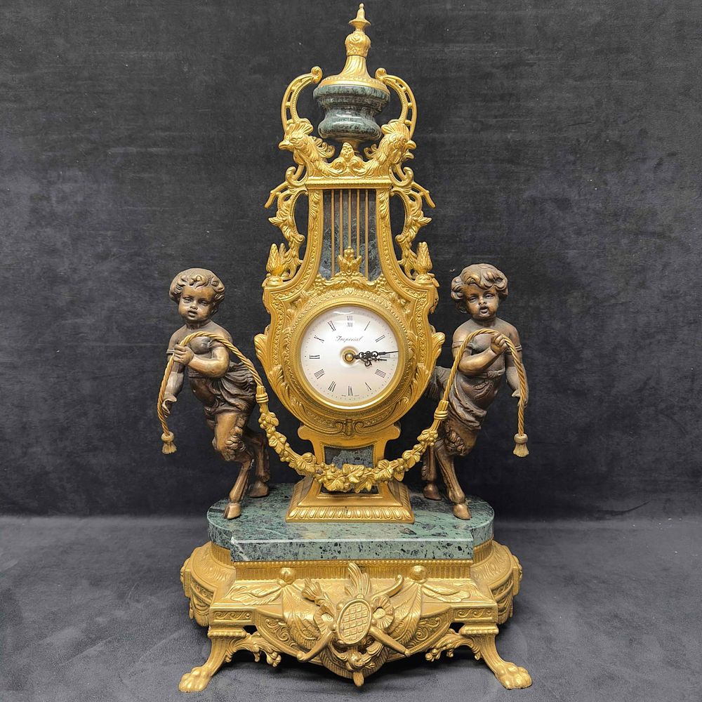 Lot 350: Franz Hermle Imperial Italian Mantle Clock Marble and Brass Cherub Angel Mid 20th Century Style R119