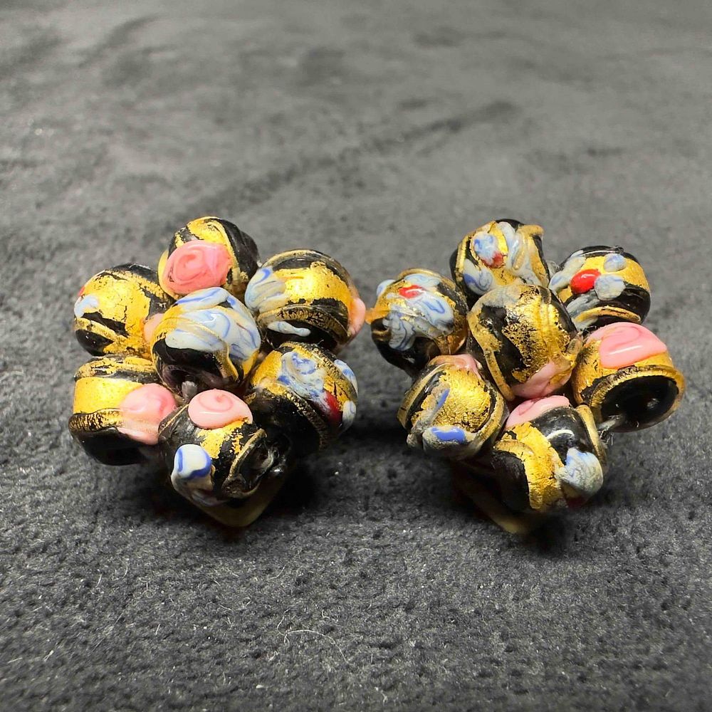 Lot 354: Murano Venetian Art Glass Lamp Work Black Floral Fiorato Beaded Earrings D40