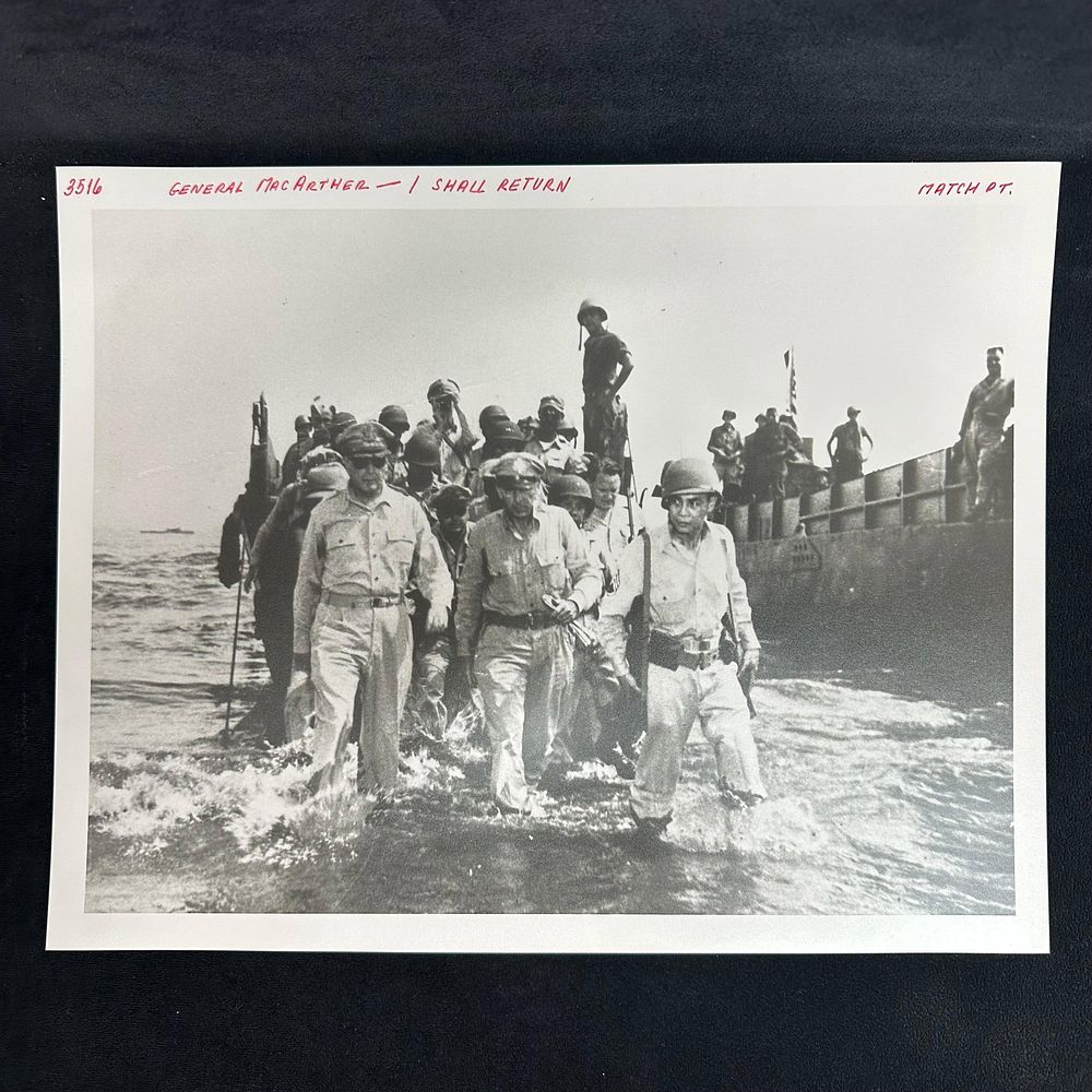 Lot 357: WWII General Douglas MacArthur I Shall Return Black and White Photograph Pearl Resin Paper Print