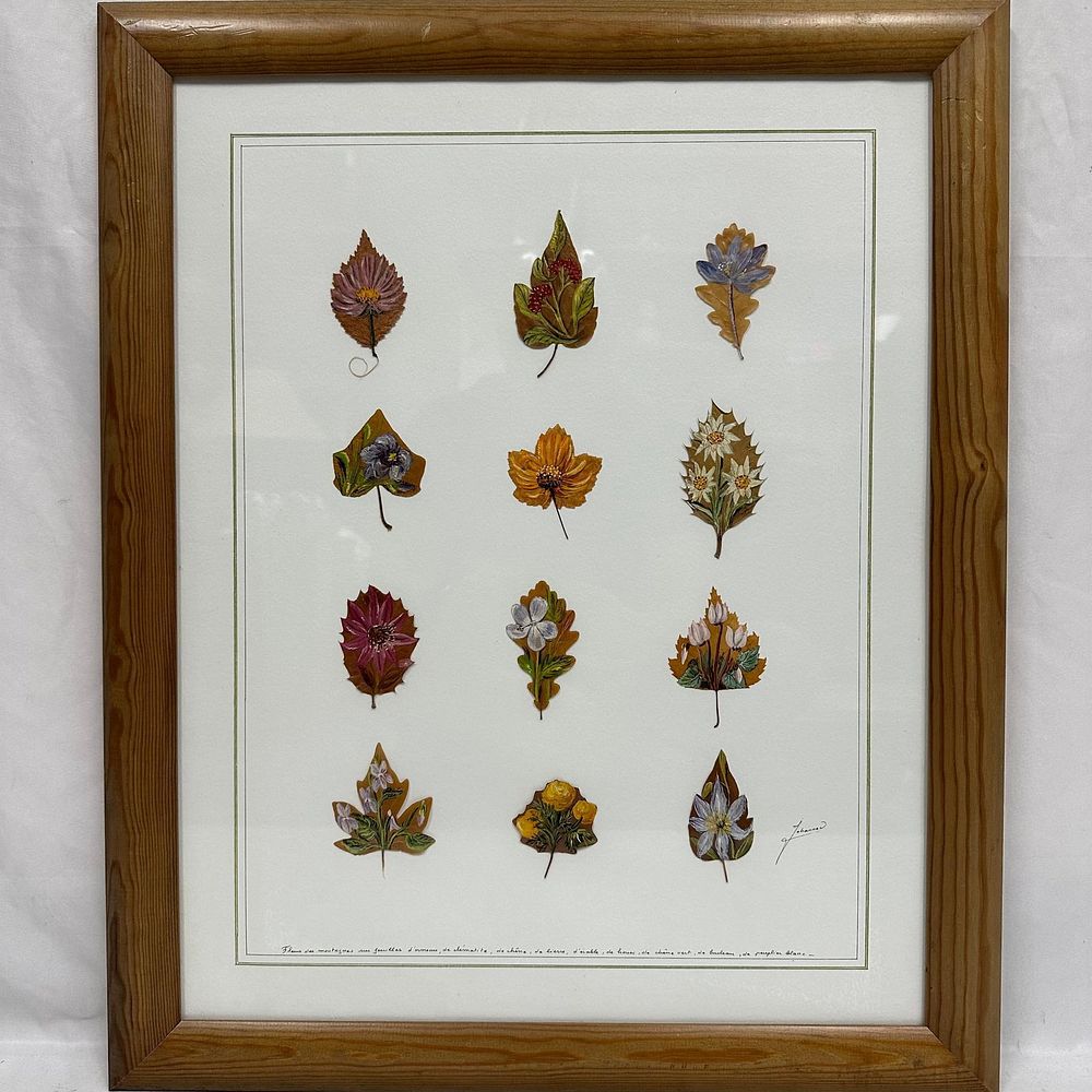 Lot 377: Framed Mixed Media Botanical Artwork by Johanne Olivain Painted Flowers on Natural Leaves