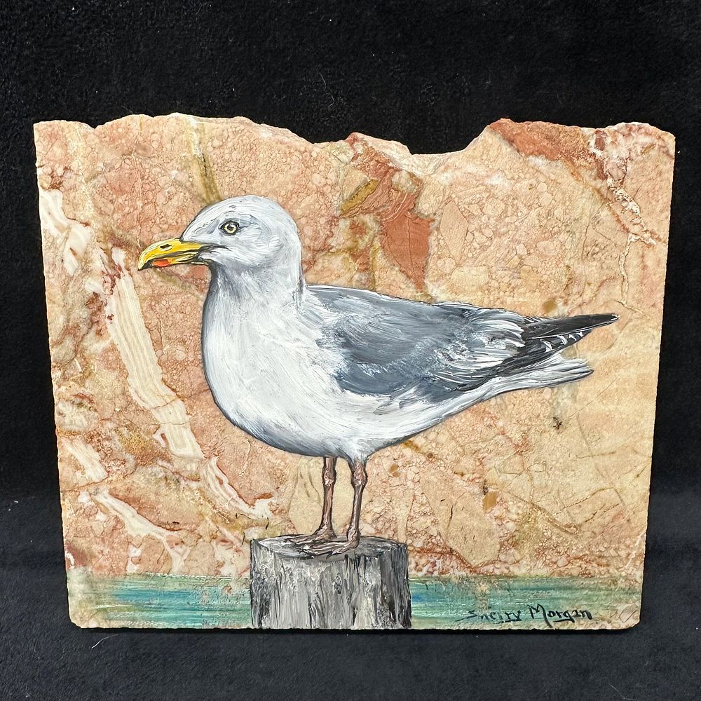 Lot 401: Unique Hand Painted Seagull Marble Granite Stone Base by Sherry Morgan