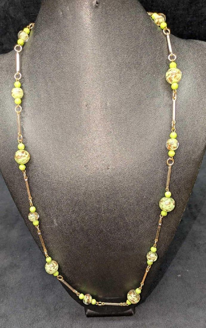 Lot 402: Vintage Italian Murano Art Green And Gold Glass Bead Necklace IIIIII