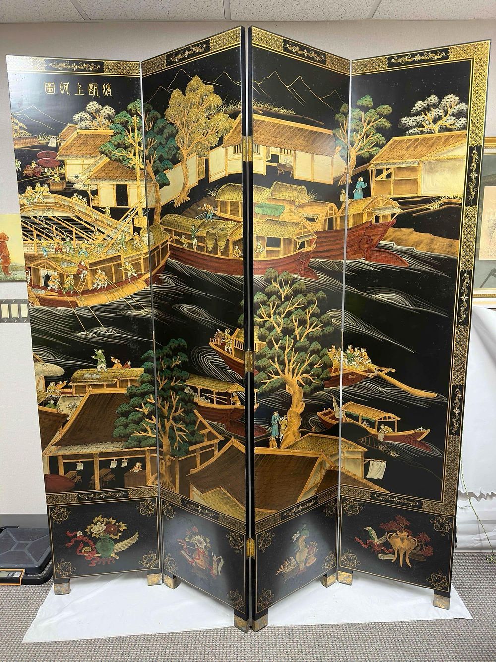 Lot 418: Antique Chinese Folding Screen Four Panel Black Lacquer Gold Bamboo Floral Landscape 84" x 72"