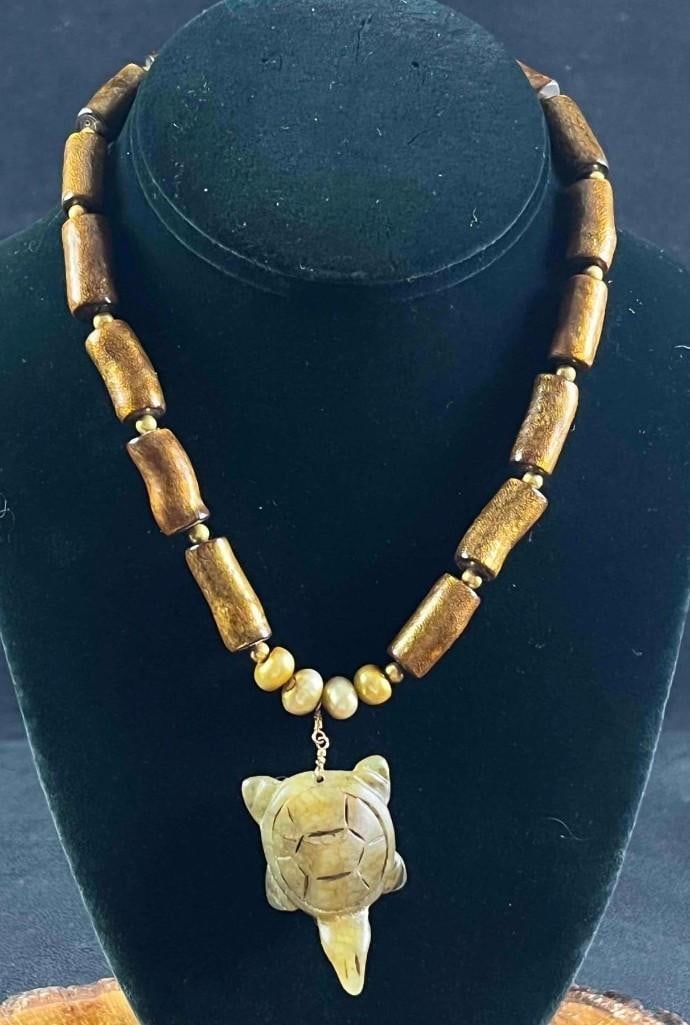 Lot 435: Natural Stone Necklace W Jade Turtle, 18K Gold