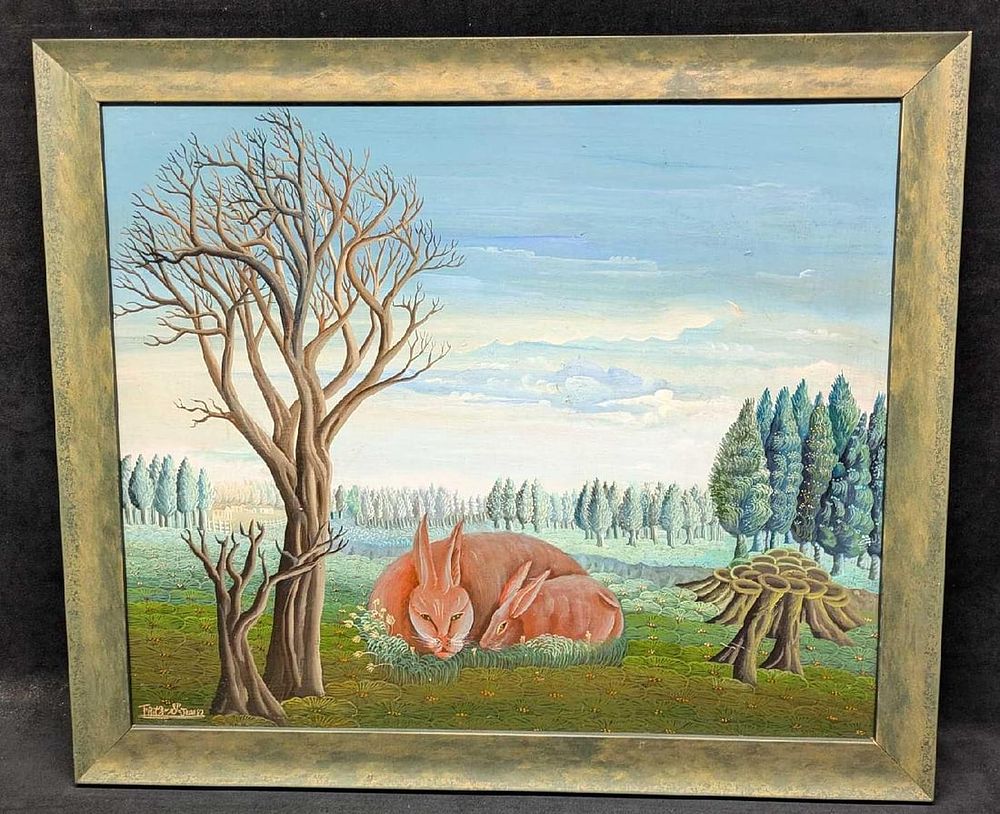 Lot 492: Fritz St Jean Original Oil On Panel Sleeping Hares Haitian Art