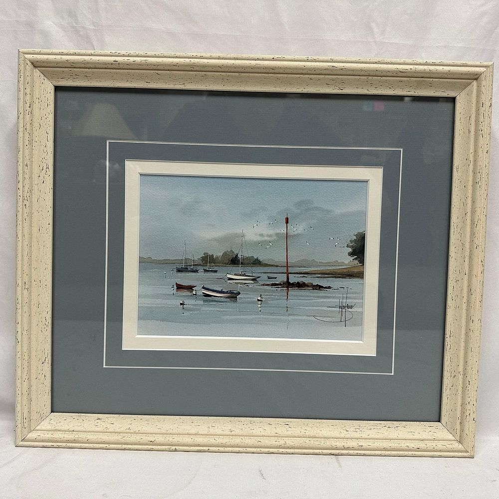 Lot 495: Framed Coastal Harbor Watercolor Painting Boats at Low Tide Artist Signed