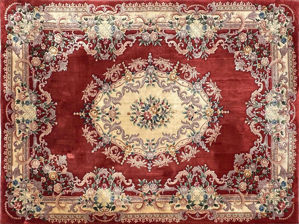 Lot 163: Classic Red Floral Medallion Area Rug 10 x 14 Aubusson Savonnerie Style R155