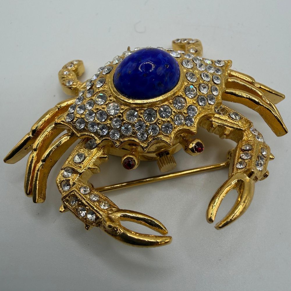 Lot 172: Kenneth Jay Lane Lapis Clear and Red Rhinestone Crab Watch KJL Brooch