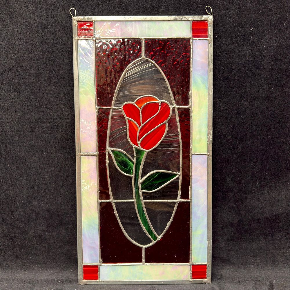 Lot 176: Handcrafted Stained Glass Panel with Red Tulip Floral Design Iridescent Border