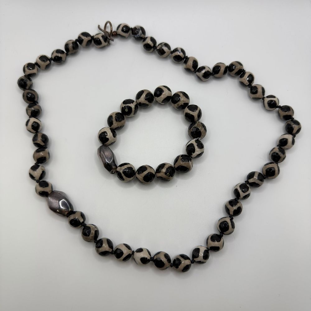 Lot 181: Simon Sebbag Designs Faceted Black Cream Stone Bead Necklace and Bracelet Set Sterling Accents