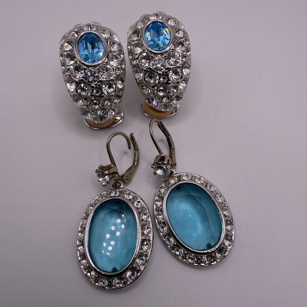 Lot 200: Nolan Miller Blue Crystal Costume Earrings Group Including Sterling Leverback Pair