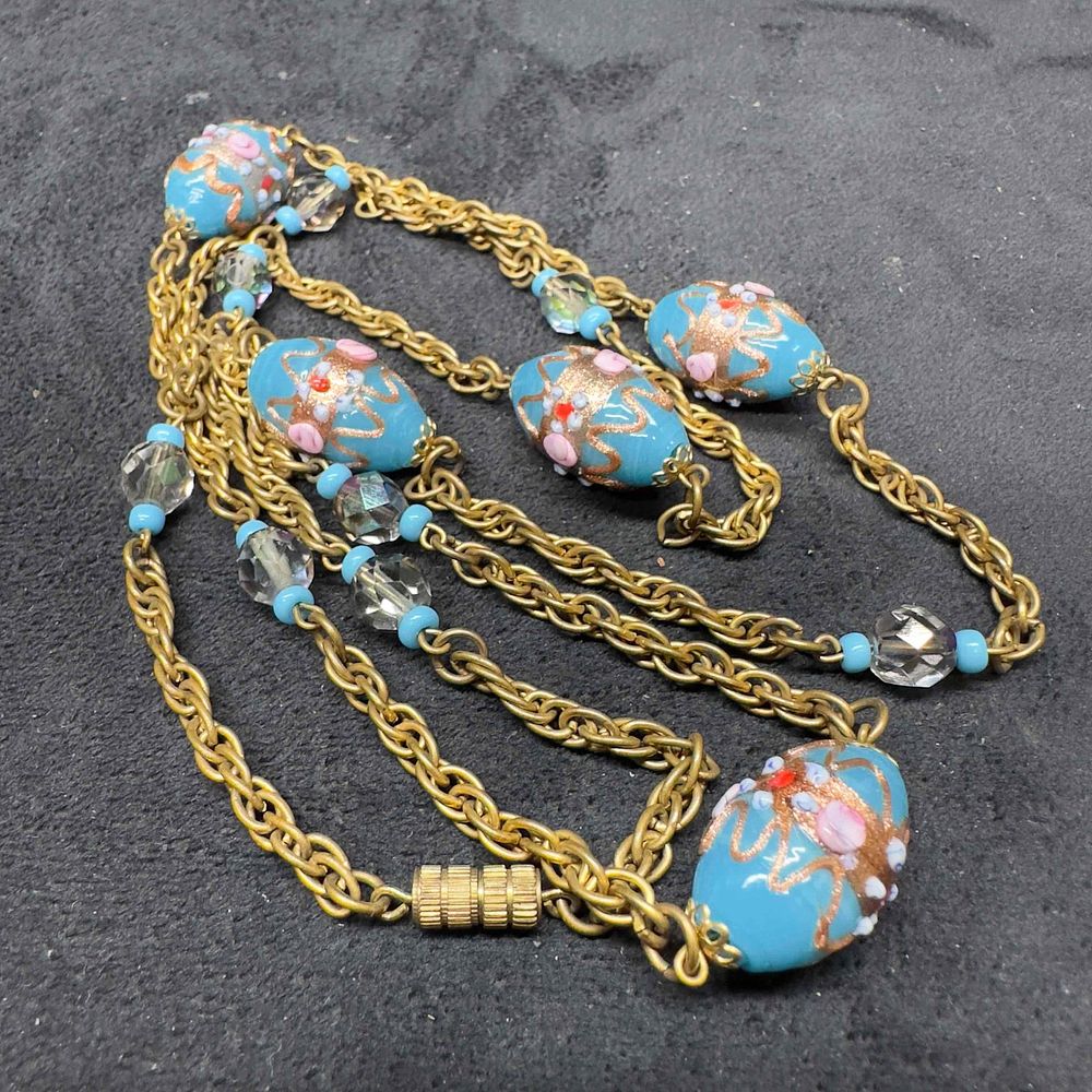 Lot 201: Murano Venetian Glass Lamp Work Blue Bead Fiorato Beaded Chain Necklace A61