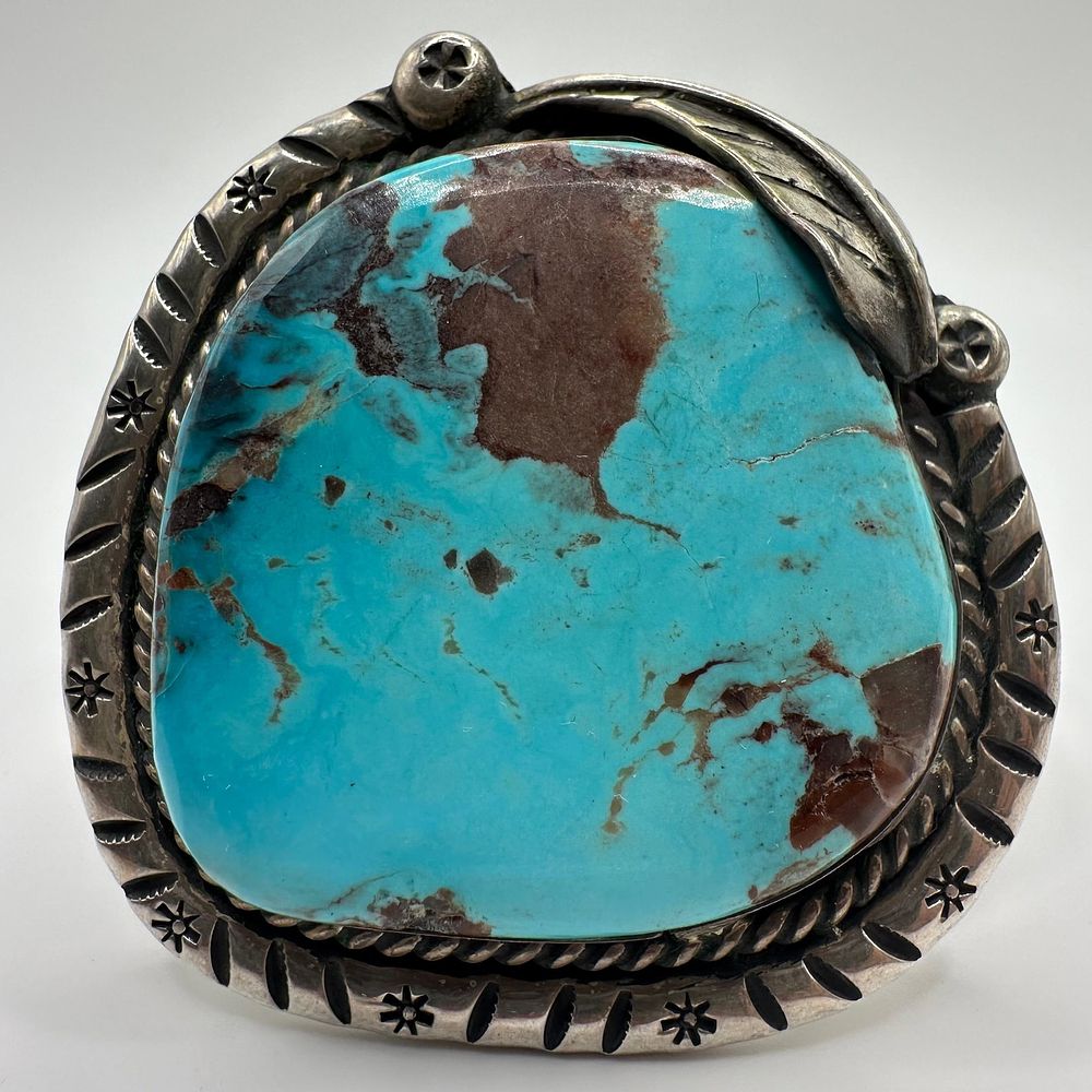 Lot 211: Large Turquoise Stone Cuff Bracelet Navajo Native Southwestern Style Signed BS