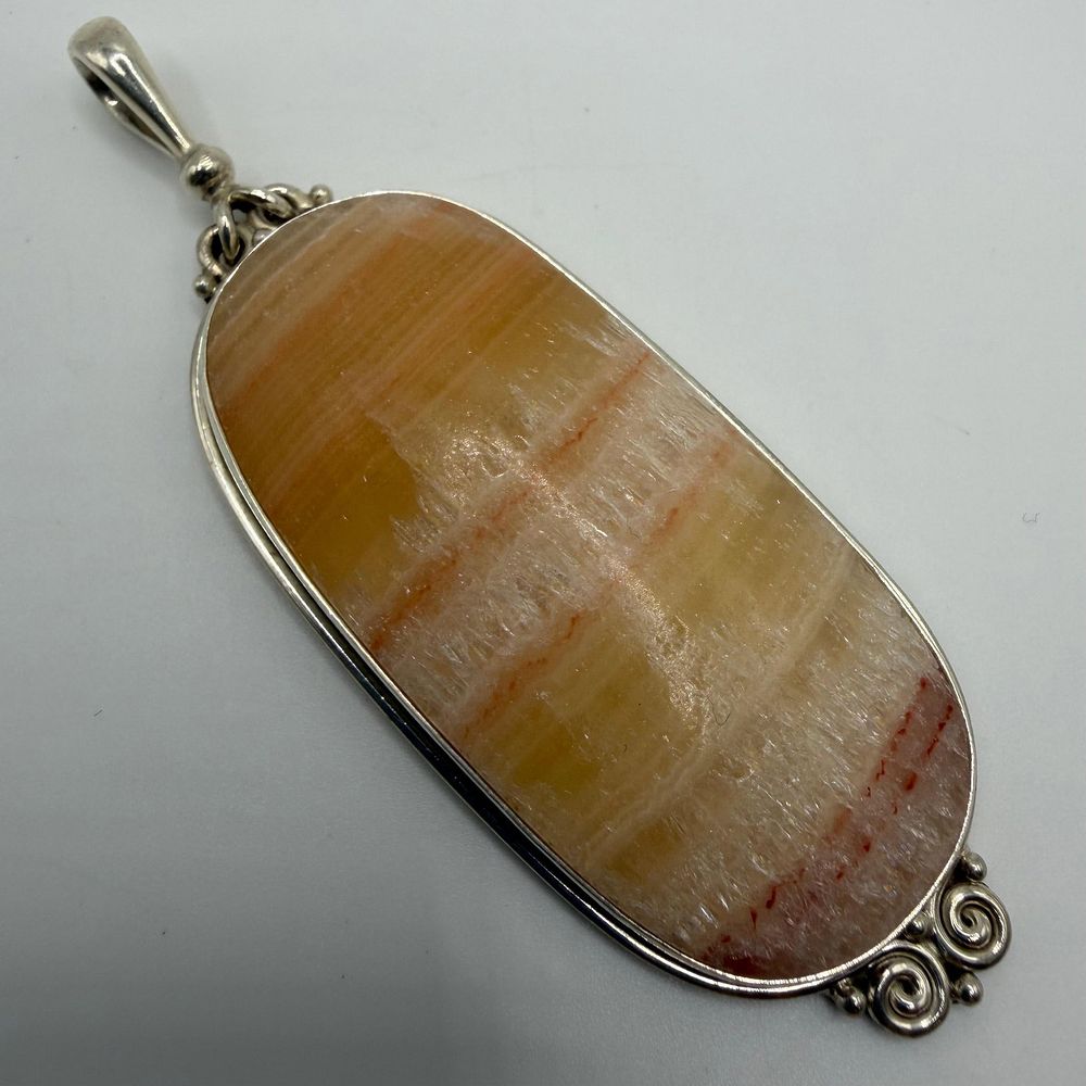 Lot 212: Sajen 925 Sterling Silver Pendant Banded Aragonite Calcite Striped Stone Large