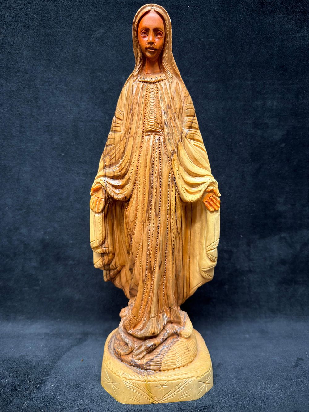 Lot 223: Hand Carved Olive Wood Madonna Figure Virgin Mary Serpent Religious Sculpture