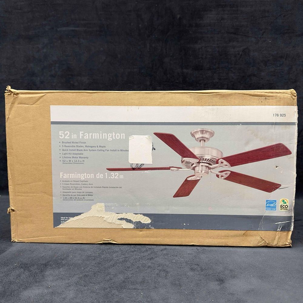 Lot 237: 52" Farmington Ceiling Fan Indoor Five Blade Brushed Nickel Finish