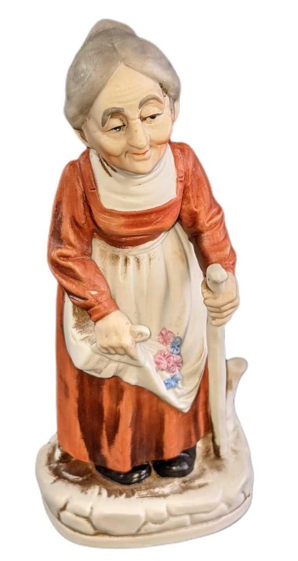 Lot 239: Vintage Porcelain Bisque Old Woman With Cane Figurine