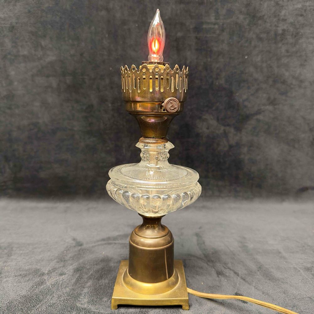 Lot 240: Brass Glass Table Lamp Flame Flicker Bulb