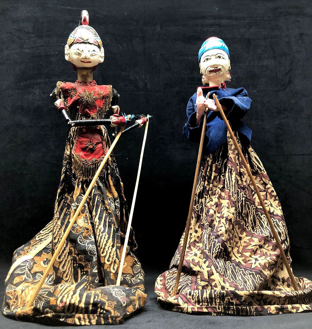 Lot 247: 2 Vintage Handcrafted Indonesian Wooden Puppets on Stands