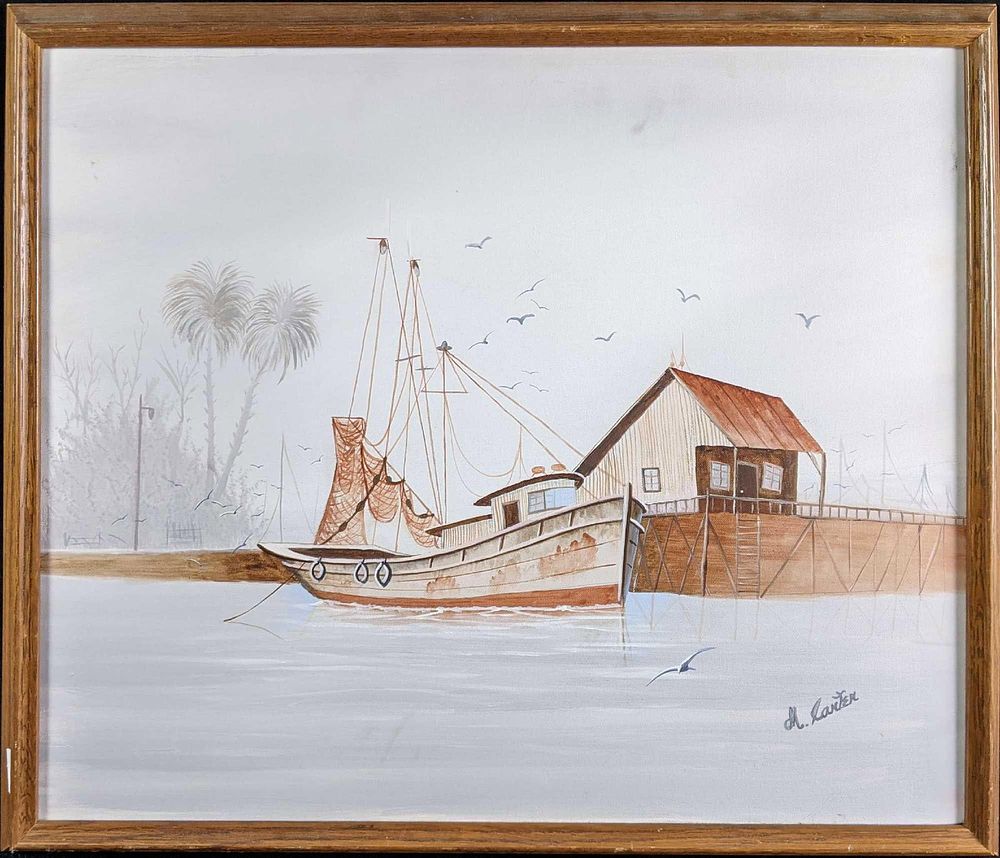 Lot 265: Acrylic on Canvas Boat Docked at Shore Signed