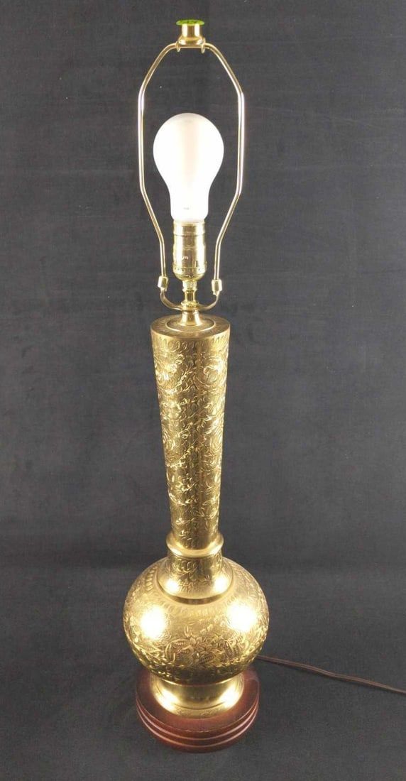 Lot 268: Middle Eastern Ornate Leaf Carved Brass Table Lamp B