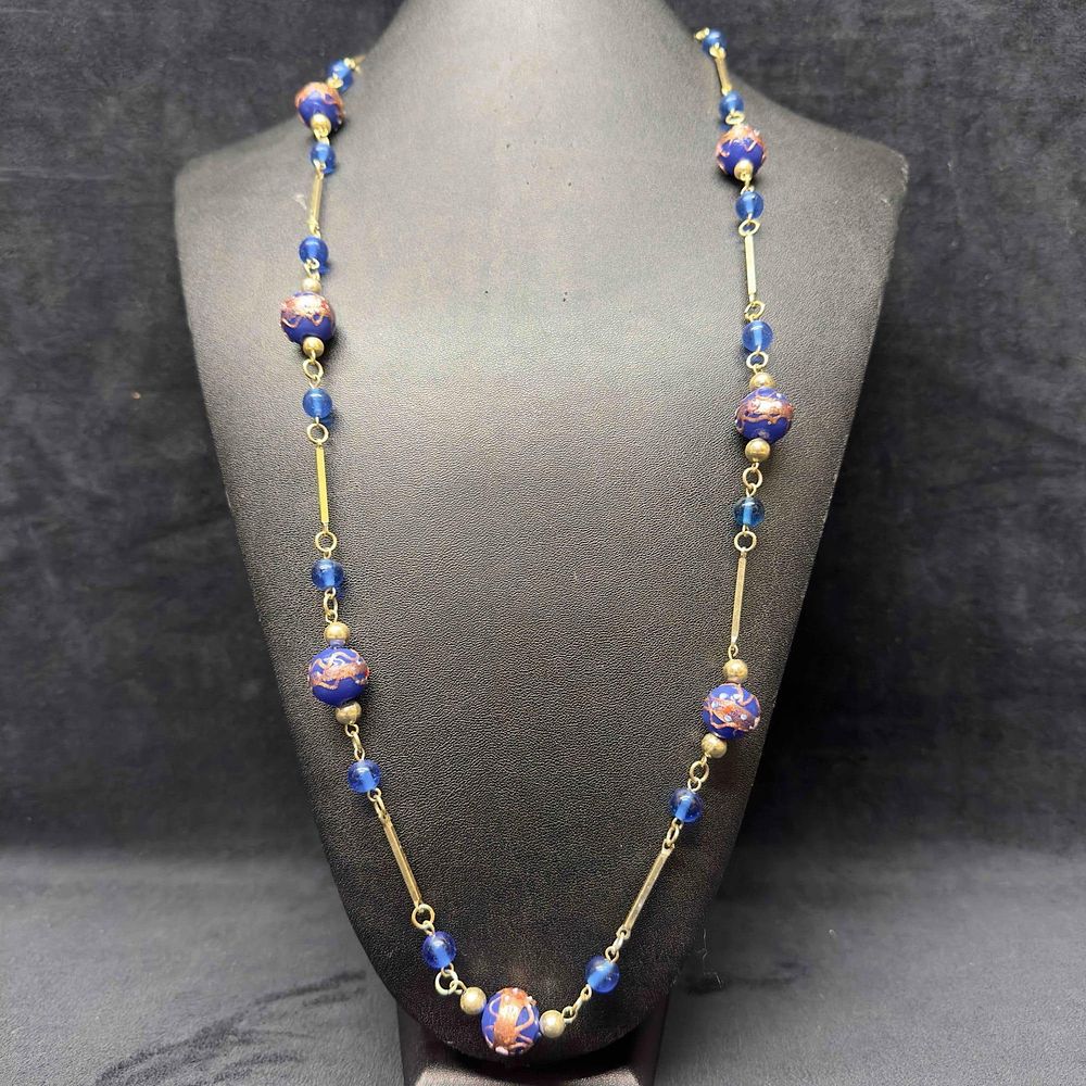 Lot 307: Murano Venetian Art Glass Lamp Work Bead Blue Beaded Silver Toned Chain Long Necklace C16