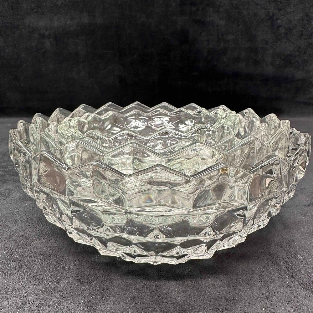 Lot 308: Fostoria American Clear Glass Cubist Cube Design Serving Bowl Set Four Bowls