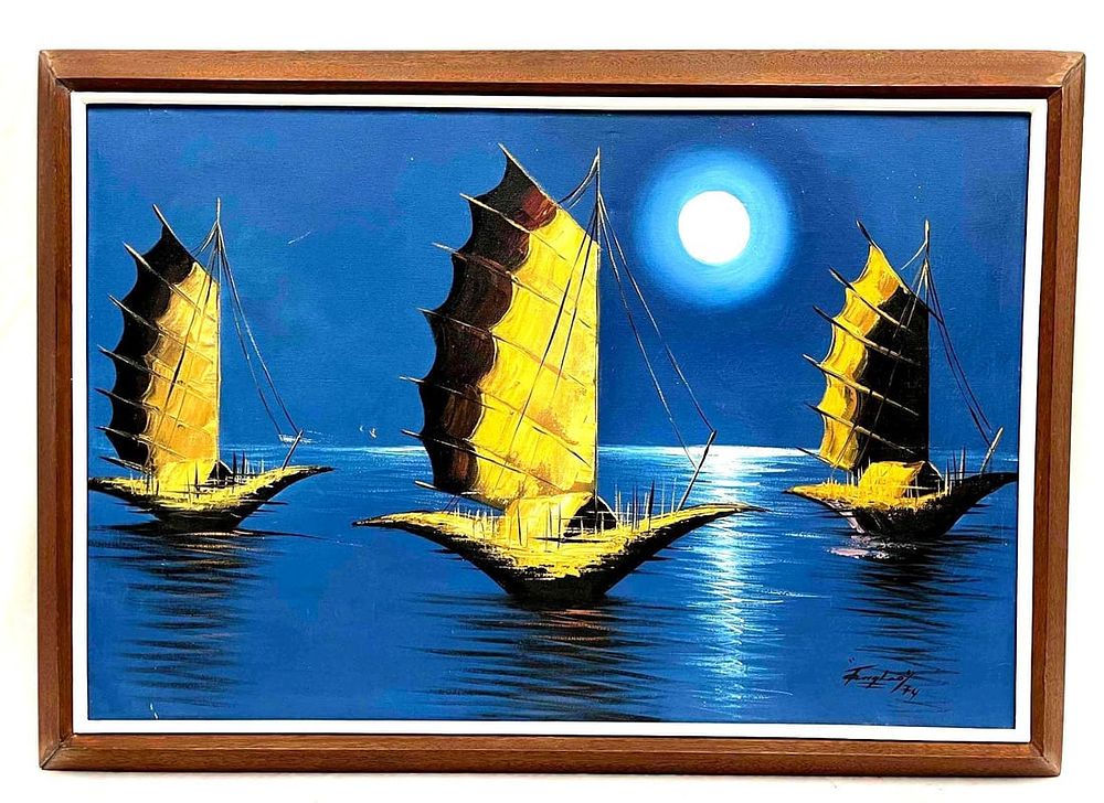 Lot 319: Original Acrylic On Canvas Depicting Junk Boats In Moonlight Signed Feng Lao 74'