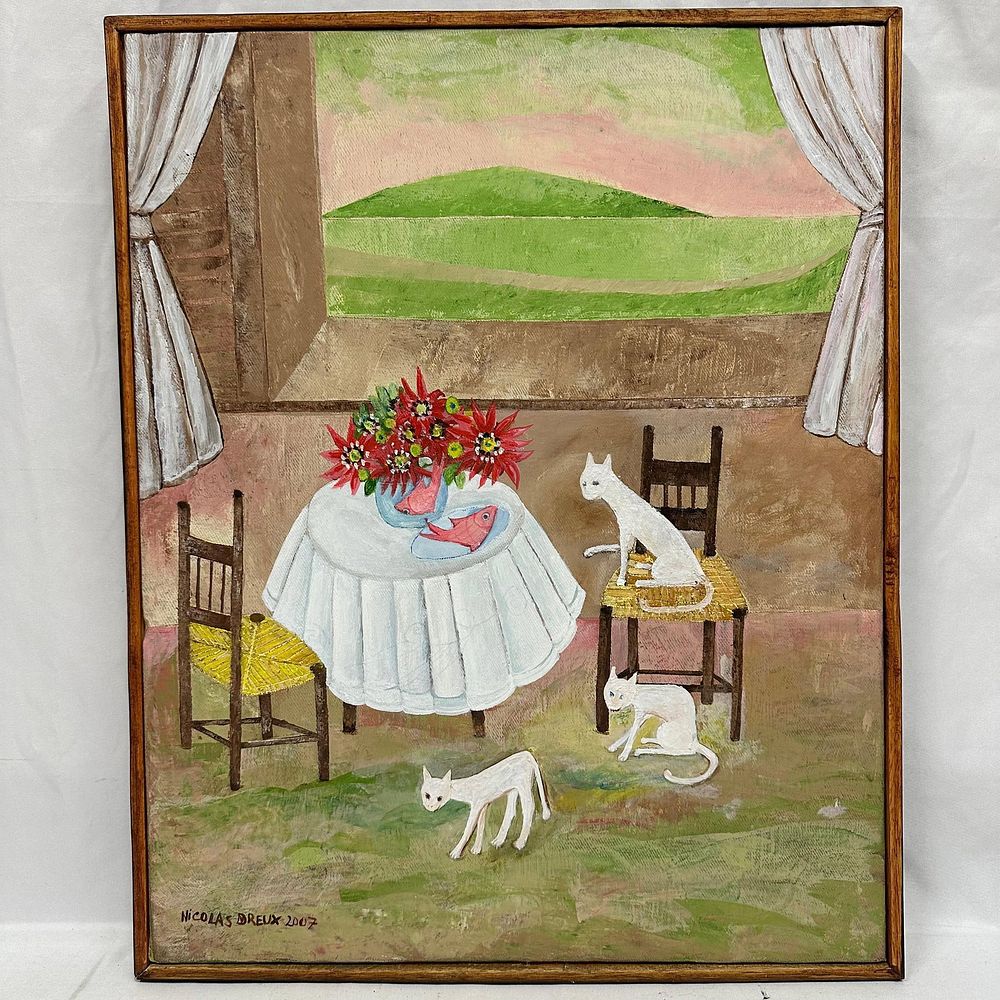 Lot 343: White Cats in The House Signed Nicolas Dreux Haitian Artist Original Artwork 2007