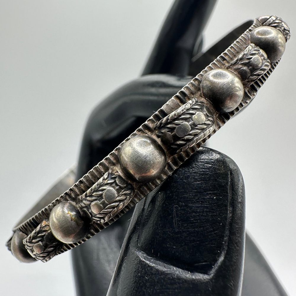 Lot 397: Silver Cuff Bangle Bracelet Detailed Raised Beads Stylized Scroll Beaded