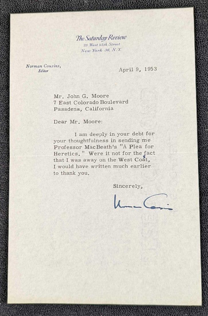 Lot 413: Signed Norman Cousins Saturday Review Letter