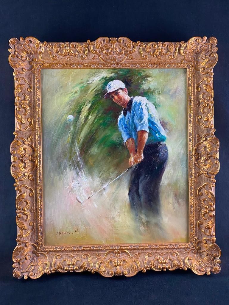 Lot 434: Oil on Canvas Golfer Painting F11