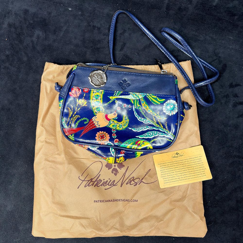 Lot 445: Patricia Nash Blue Leather and Bird Tropical Print Crossbody Shoulder Small Bag