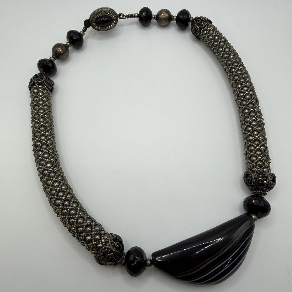 Lot 447: Artisan Sterling Silver Black Onyx and Banded Agate Large Pendant Necklace