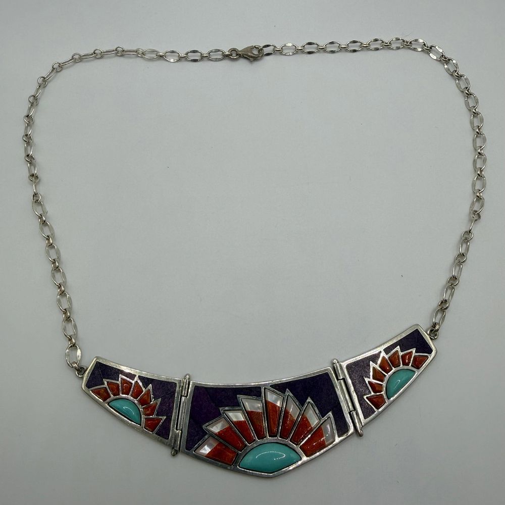 Lot 465: Jay King Desert Rose Trading Zuni Style Stone Inlay Sterling Silver Necklace