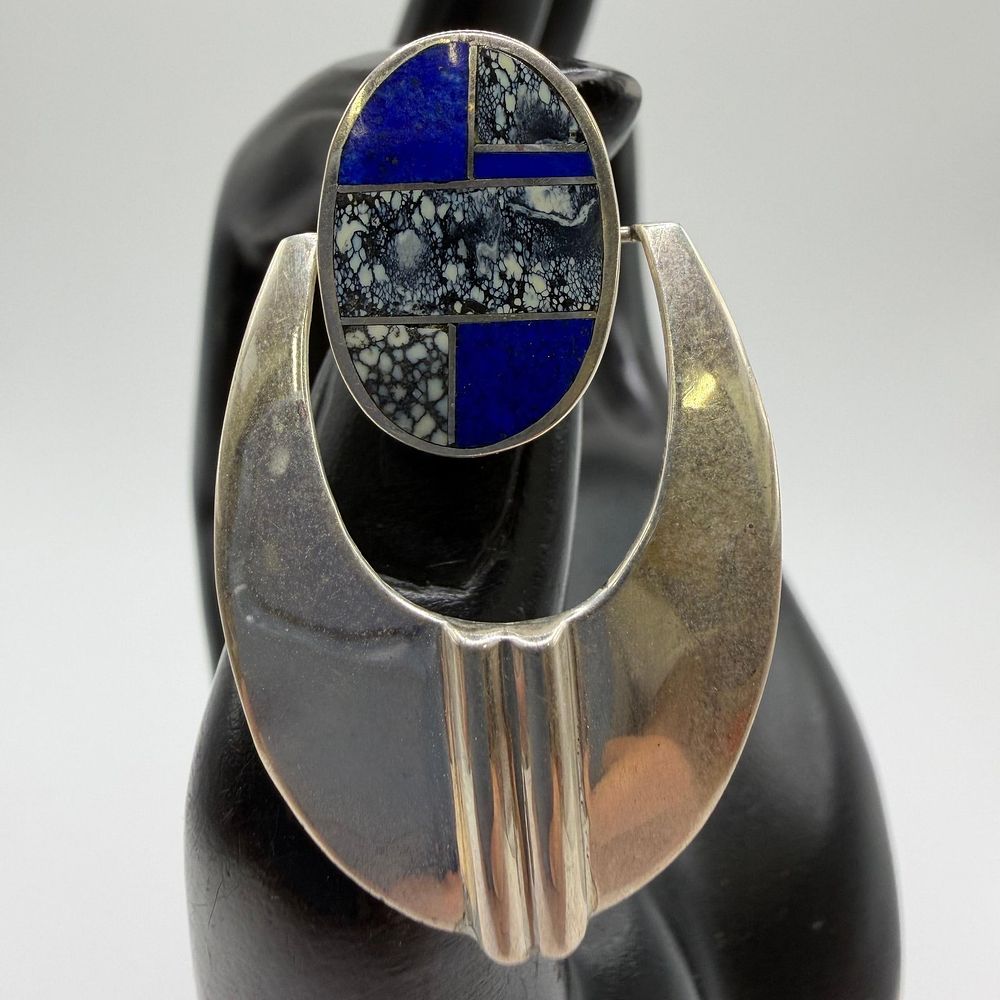 Lot 472: Ray Tracey Navajo Geometric Lapis Inlay Sterling Silver Dangle Drop Earrings
